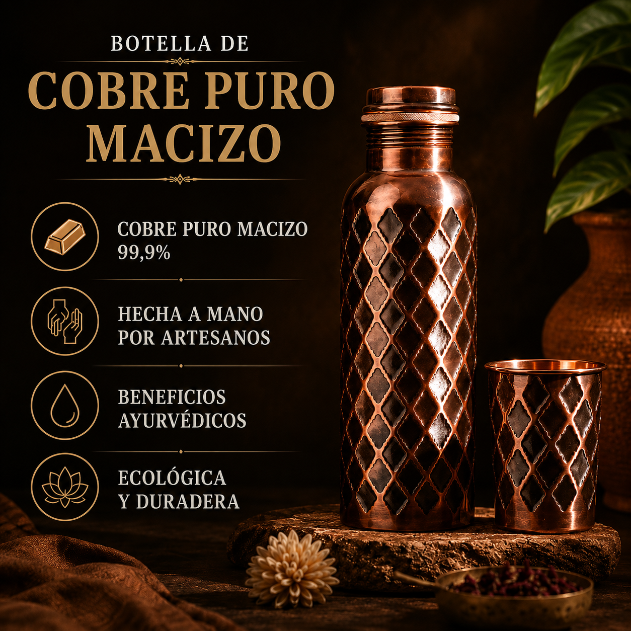 Botella Diamond MyTamra™ – Cobre Puro Macizo 99,9 %
