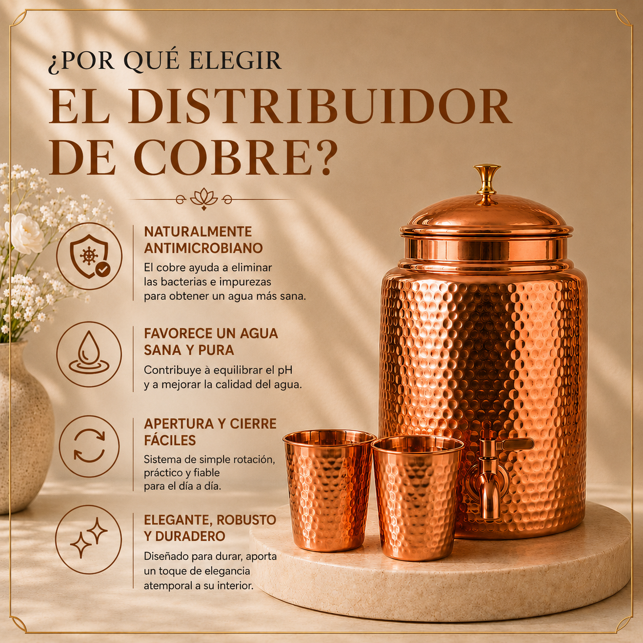 Dispensador de Agua de Cobre Macizo Puro 99,9 %