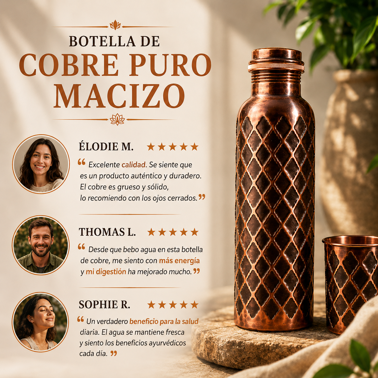 Botella Diamond MyTamra™ – Cobre Puro Macizo 99,9 %