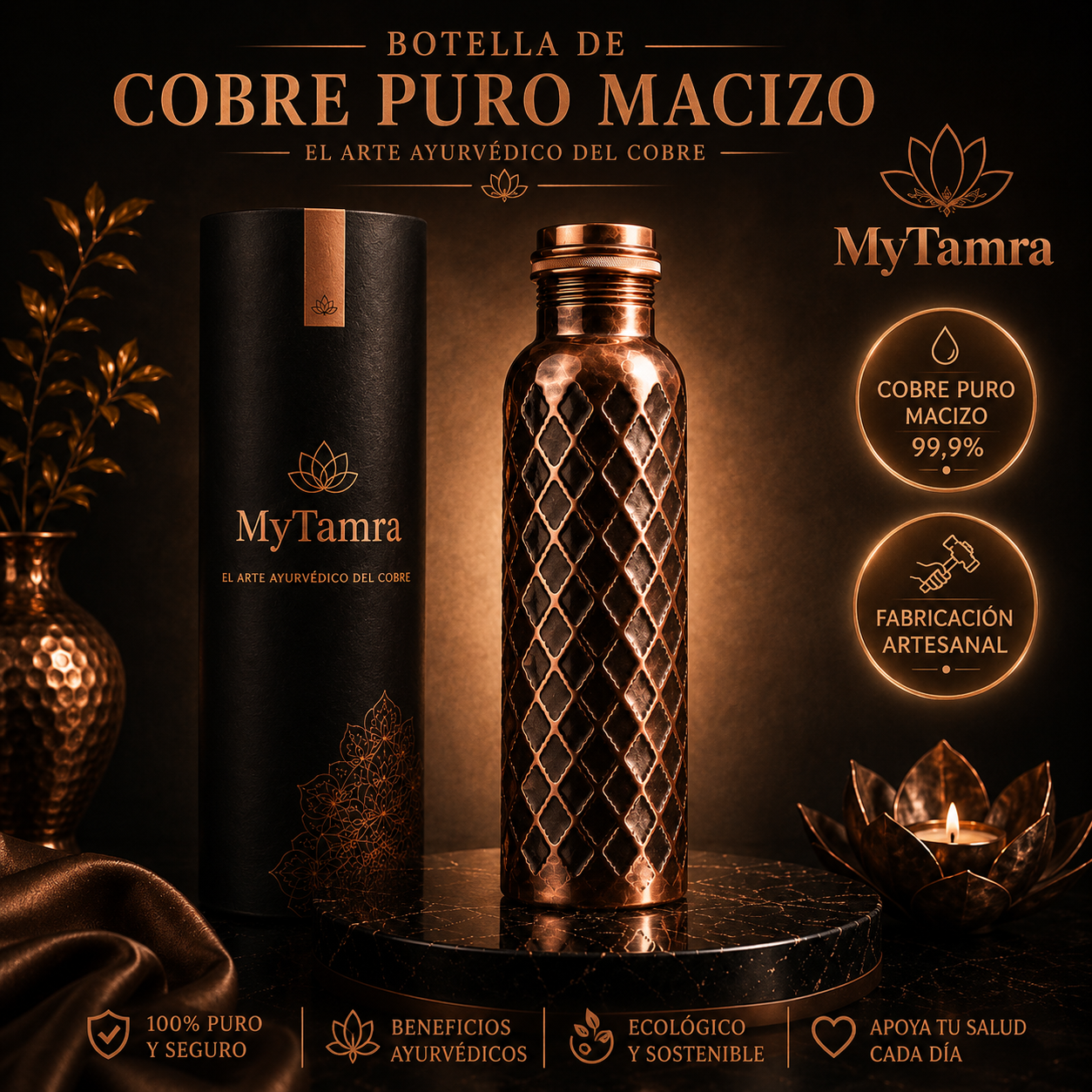 Botella Diamond MyTamra™ – Cobre Puro Macizo 99,9 %