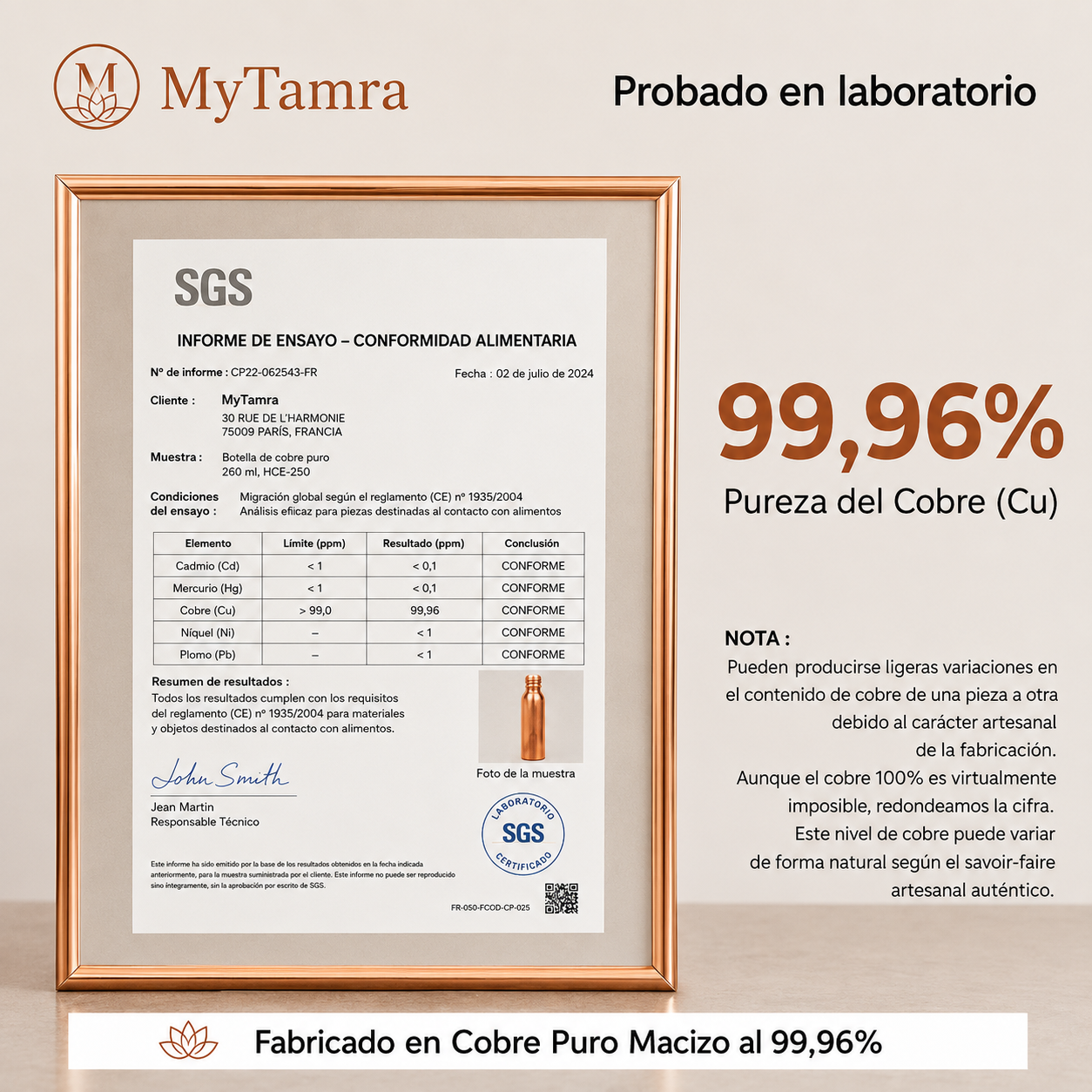 Dispensador de Agua de Cobre Macizo Puro 99,9 %